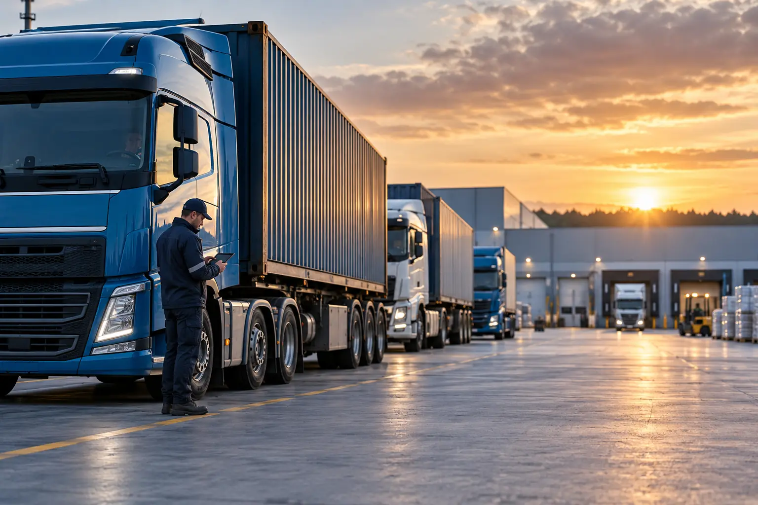 A fleet of trucks lined up at a modern, connected logistics yard at sunset