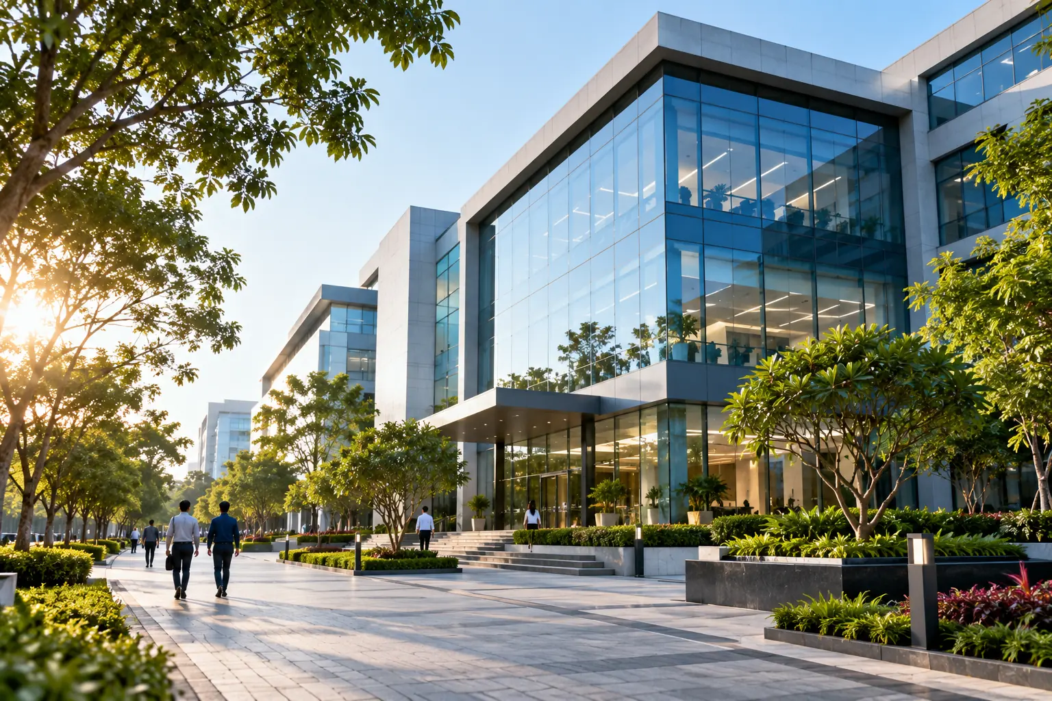 A modern glass office building in a tree-lined business district