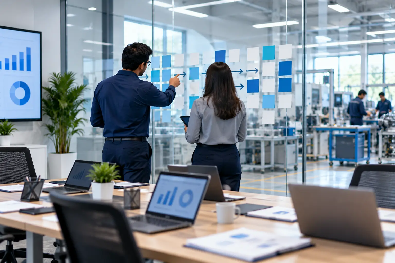 A team mapping a process flow on a glass wall in a workshop