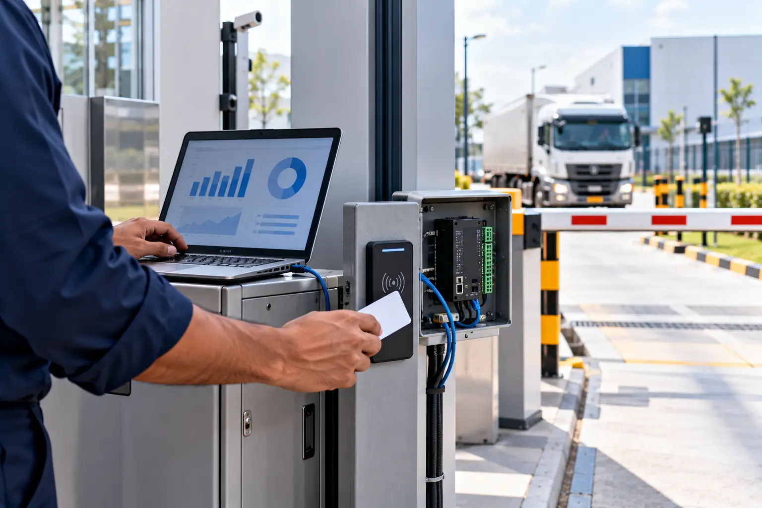 An engineer connecting a laptop to an RFID reader at an industrial gate