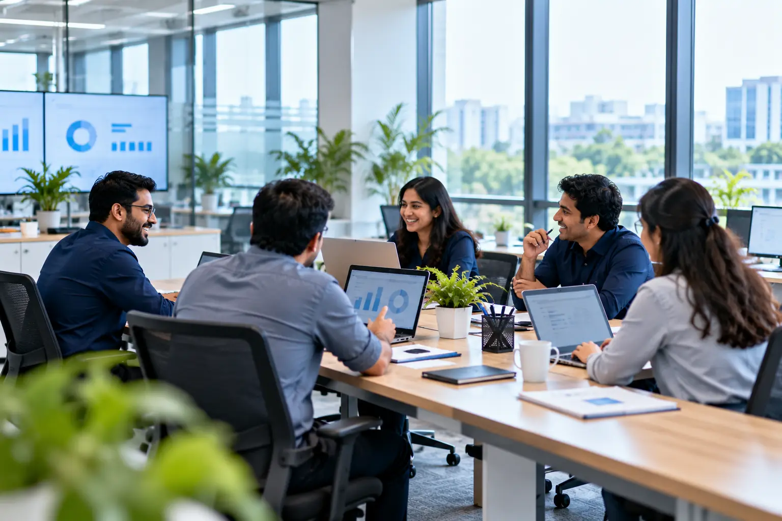 A small team collaborating around a table in a bright office