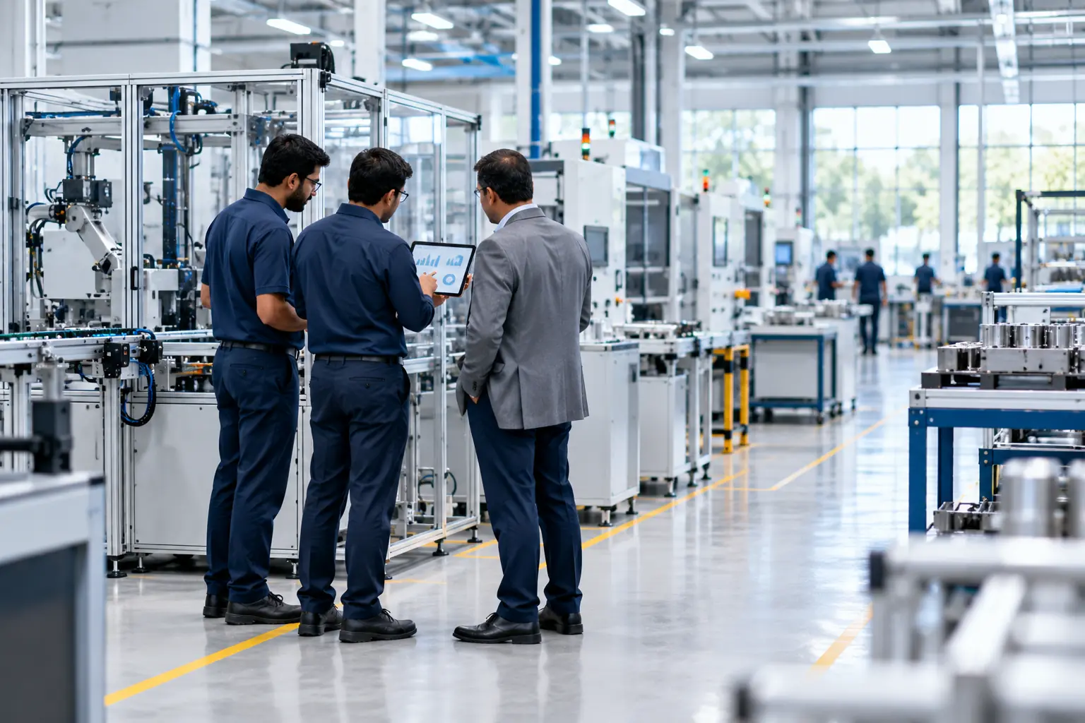 Engineers and a client reviewing an automated production line
