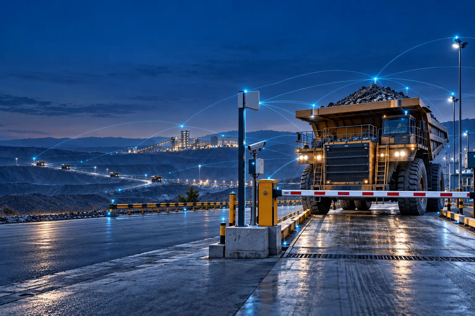 A mining haul truck at a connected weighbridge gate at twilight, linked by glowing data lines
